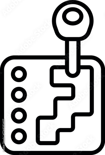 Simple black and white line art icon of a gear stick in first gear, with four forward gears and one reverse