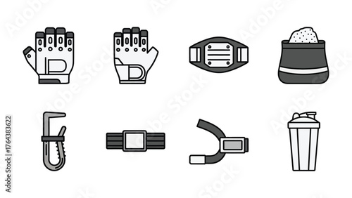 Gym Equipment Icons: A graphic representation of various gym equipment. Icons for fitness, weights, and accessories.
