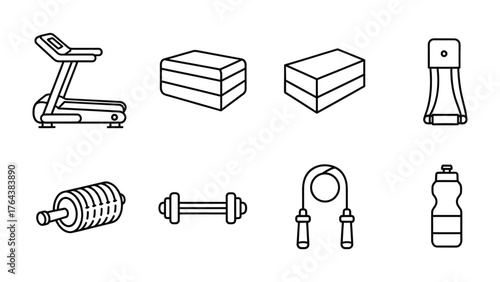 Fitness Essentials Line Art: A sleek collection of fitness equipment, from treadmill to water bottle, outlined in minimalist style. Emphasizing health and workout