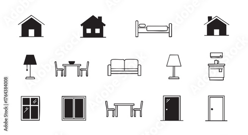 Minimalist interior design elements in black and white icons style