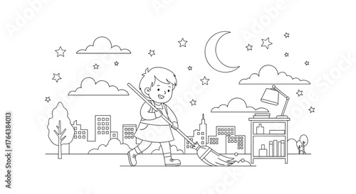Child sweeping the street at night with stars and moon.