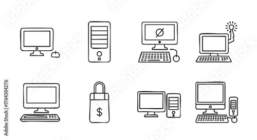 Outline design of computer set with shopping bag and server