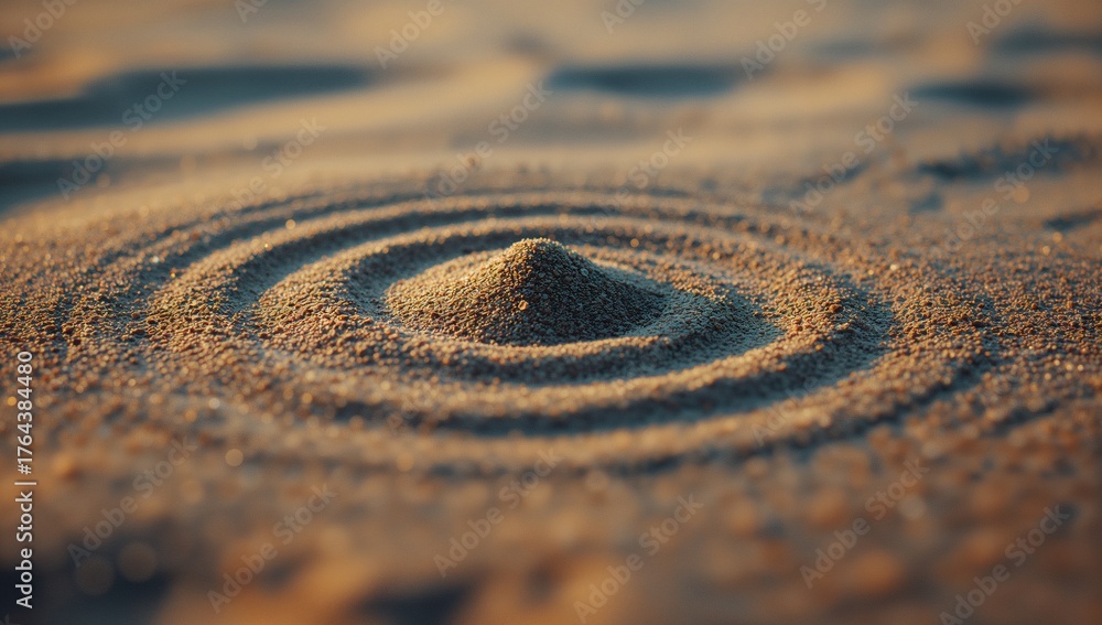 Naklejka premium Featuring central conical sand mound surrounded by concentric raked grooves in flat sandy plane