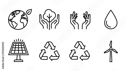 Ecology Icons: A collection of concise line art icons representing essential ecology concepts, including the planet, tree, hands, water drop, solar panel, recycle symbol and wind turbine.