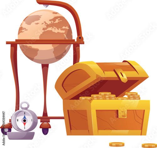 A chest with gold coins, a globe on a retro stand, and a compass.