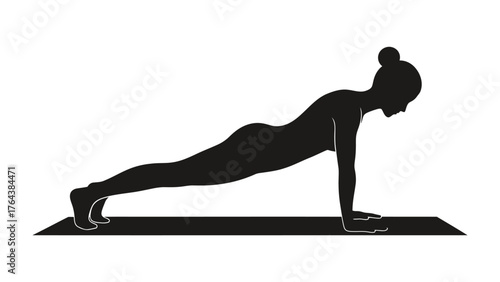 Zen Pose Silhouette: A serene silhouette of a figure in the plank position, poised on a mat, emphasizing balance, strength and mindfulness