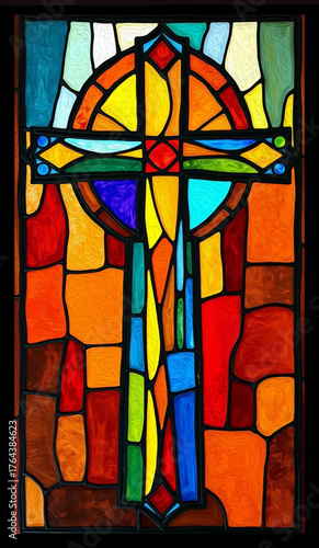 Cross . Colorful stained glass window. Multicolored interior design template. Oil painting