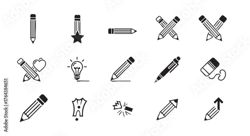 Pencil icon set in black and white minimal design elements