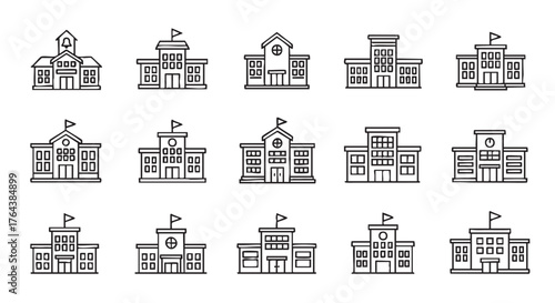 School building icons set representing education and learning processes design