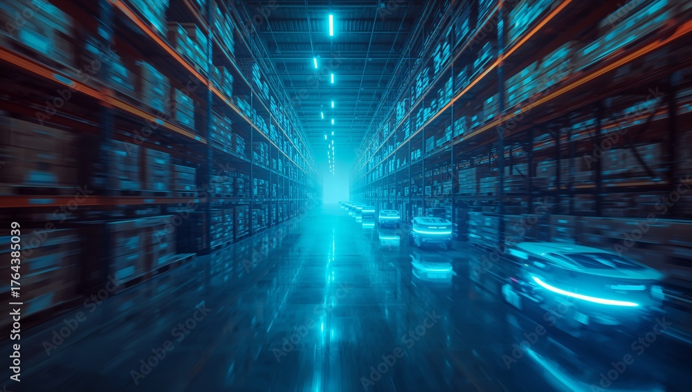 Obraz premium Gliding autonomous guided vehicles moving down neon-lit warehouse aisle, with box-filled racks