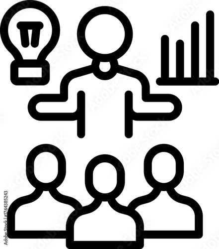 Businessman presenting growth strategies and new ideas to his team, using lightbulb and graph icons
