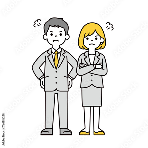 怖い顔で叱る・指導する、20代・30代の会社員の男性と女性の全身ベクターイラスト素材セット