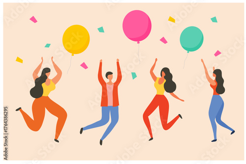 Happy people jumping and celebrating New Year or Birthday party. vector illustration