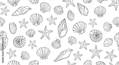 Seashells and starfish seamless pattern background vector illustration. Cute aquatic marine life doodle wallpapers
