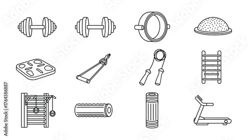 Essential Fitness Collection: An array of fitness equipment. Featuring dumbbells, resistance bands, scales, ab rollers, grippers, weight plates, and treadmills