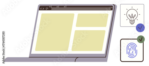 Open laptop with webpage layout, lightbulb for ideas, fingerprint for security, and checkmarks. Ideal for technology, innovation, browsing, usability online security workspace efficiency. Simple
