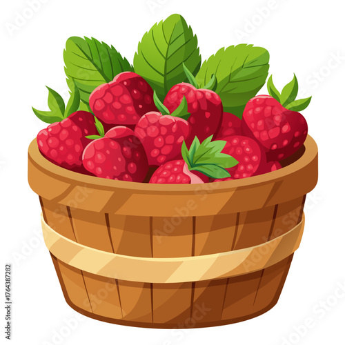 A wooden basket filled with fresh raspberries and green leaves