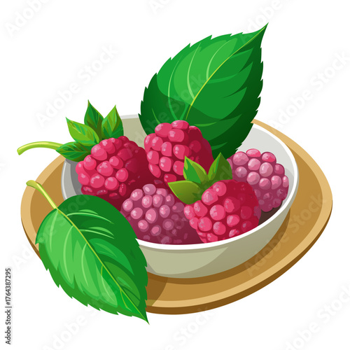 A bowl of raspberries with green leaves on a plate