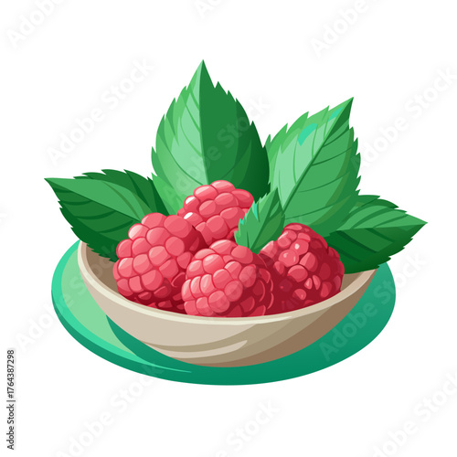 A bowl of fresh raspberries with green leaves