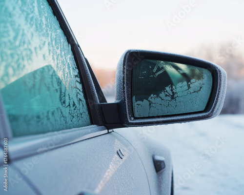 Stunning frosty car mirror and window capture the crisp beauty of a cold winter morning, perfect for travel and seasonal themes.