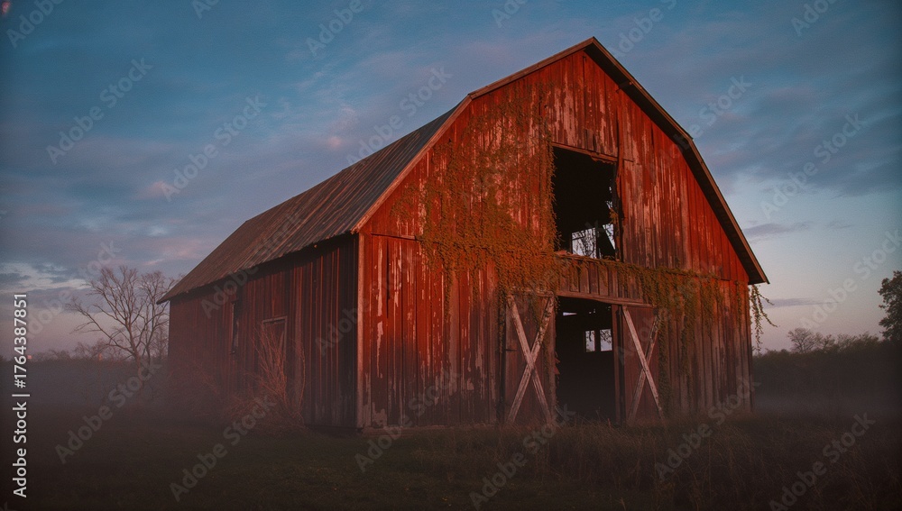 Obraz premium Red wooden barn standing in rural misty field, with climbing vines, open barn doors, bare trees