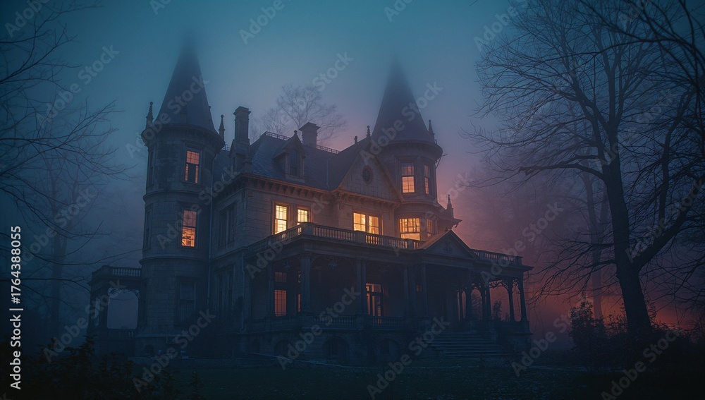 Obraz premium Rising stone mansion displaying turrets and wraparound porch in foggy rural estate, glowing windows