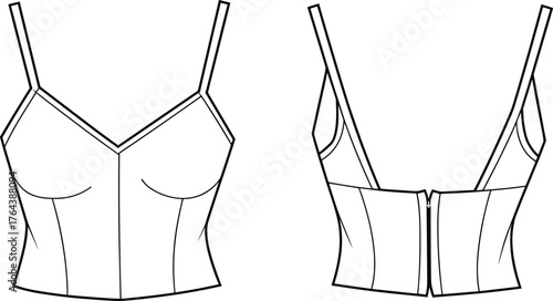 Fashion flat sketch of women corset top front and back view, fitted bustier with thin straps and zipper detail vector illustration