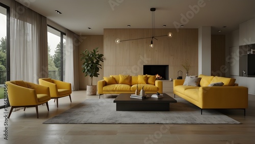 Photorealistic Modern Living Room with Yellow Sofa and Pendant Lights on Bold Yellow Wall