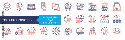 Cloud Computing Line Color Icon Collection. Cloud Services, Cloud Clients, Web Browser, Mobile App, Devices, Machines, Cloud Application