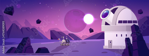 Observatory building with a telescope and a Mars rover on an alien planet.