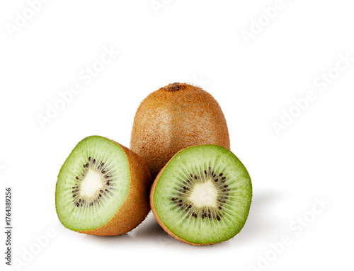 Kiwi fruit and slices isolated on a white background, contour