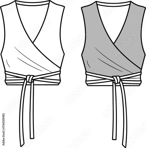Fashion technical flat sketch of women sleeveless wrap crop top with waist tie belt design for stylish modern apparel illustration