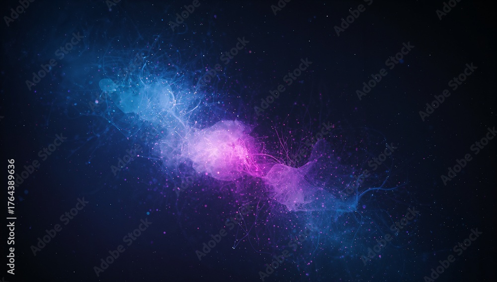 Fototapeta premium Swirling nebula-like cloud extending across dark void, with glowing lines and particles