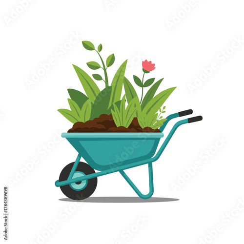 Wheelbarrow Filled with Plants and Soil for Gardening.