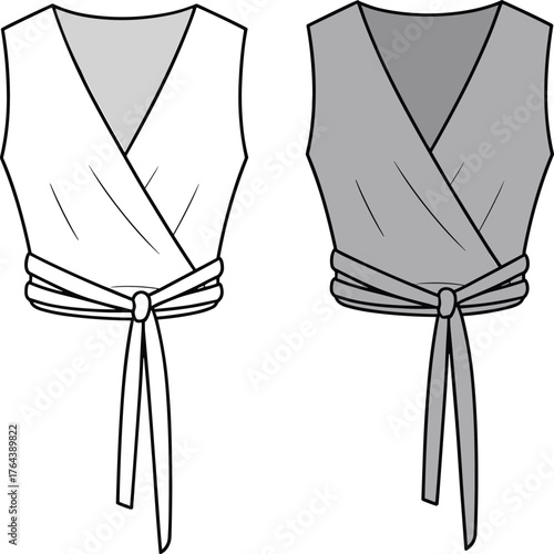 PrintFashion technical flat sketch of women sleeveless wrap top with tie belt waist and v-neck design for modern apparel illustration