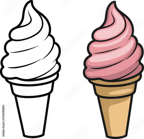 Ice cream cone illustration, outline and colored version, dessert drawing, sweet food sketch, summer treat art, kids coloring page design