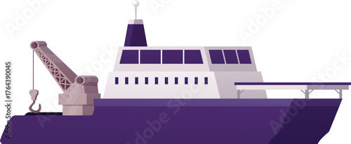 Research vessel with deck crane, side view, marine transport vessel.