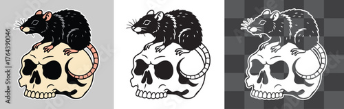 Rat Sitting on Human Skull Vector Illustration in Vintage Tattoo Style Representing Decay Death and Darkness Perfect for Retro Poster Design Stickers Gothic Art T-shirt Prints and Conceptual Graphic