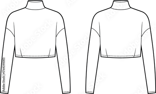Minimalist long sleeve crop top technical fashion flat sketch, modern women garment design template, front and back view vector illustration.