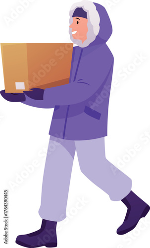 Scientist explorer character in warm winter outfit, man carries cardboard box, vector flat Arctic Polar expedition staff