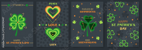 Happy St. Patricks Day design templates collection.Typography poster, aura heart and shamrock blurred gradient. Designs for for social media posts and greeting cards. Minimal blur y2k aesthetic design