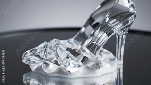 Shiny crystal-clear stiletto emerging from a white cream slope, refracting light like a diamond