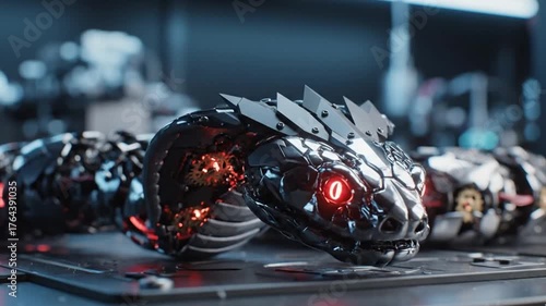 Liquid metal forming into a detailed mechanical snake emerging from a chrome tube