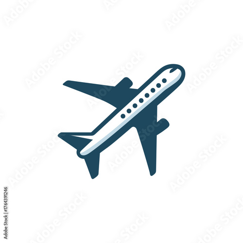 illustration of a dark blue airplane with white accents, viewed from above and slightly to the side.