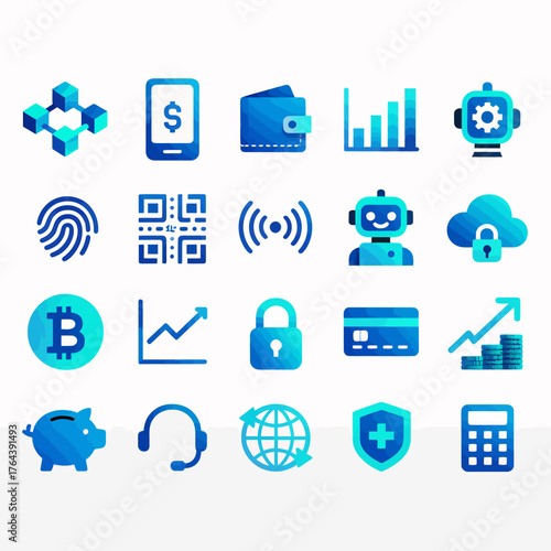 Dynamic modern digital icons representing finance, technology, security, and communication for innovative business concepts and digital strategies.
