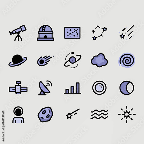 Explore the cosmos with stunning icons depicting telescopes, planets, constellations, and celestial phenomena for innovative projects.
