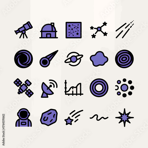 Explore the cosmos with these vibrant, modern space icons featuring telescopes, planets, astronauts, and celestial bodies for futuristic designs.
