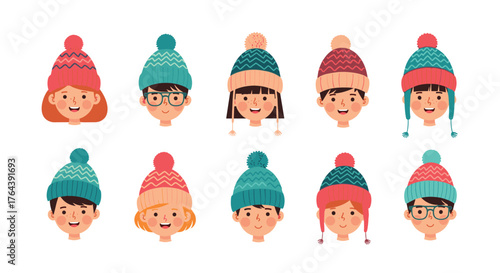 Collection of children wearing winter hats smiling happily.