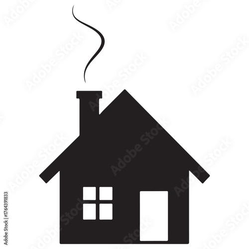 Minimalist Black House Silhouette with Chimney Smoke on White Background