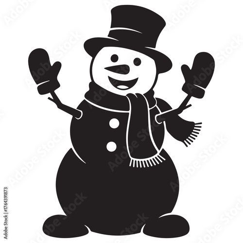 Stylized Black and White Snowman Icon with Hat, Scarf, and Mittens